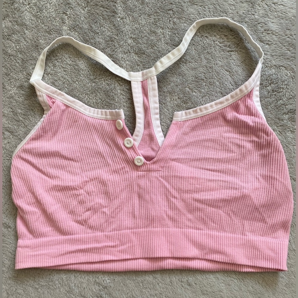 Pink Ribbed Bralette with White Trim